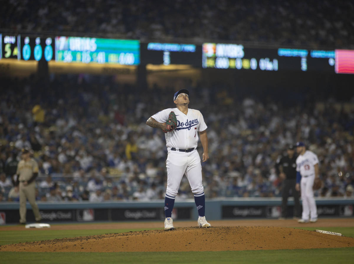 October 11, 2022, Los Angeles, California, USA: Starting pitcher, Julio Urias 7 of the Los Angeles Dodgers during their NDSL Game 1 against the San Diego Padres on Tuesday October 11, 2022 at Dodger Stadium in Los Angeles, California. Dodgers defeat Padres, 5-3 in NDSL Game 1. /PI Los Angeles USA